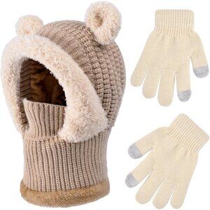 Kids Winter Balaclava Hat Gloves Set 3-in-1 Fleece Lined Hooded Scarf Face Mask